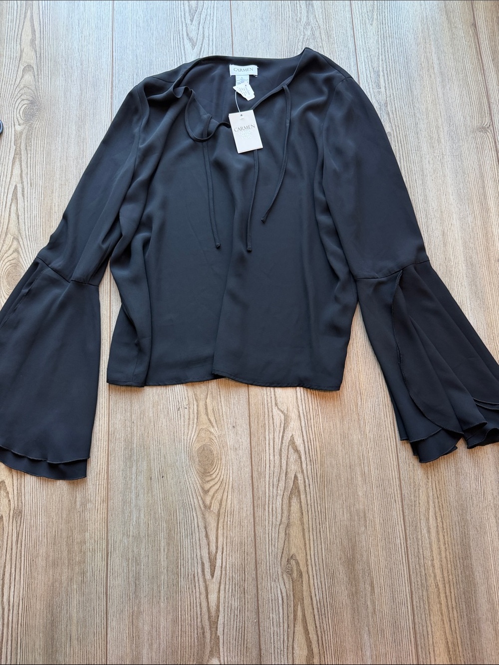 Carmen Marc Valvo Black Tie-Neck Bell Sleeve Top